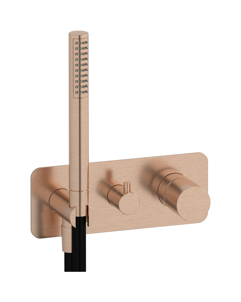 Внешние части встроенного в стену смесителя на 3 потребителя в комплекте с душевым гарнитуром. WE ARE IB rr314sr Brushed Rose Gold Brera