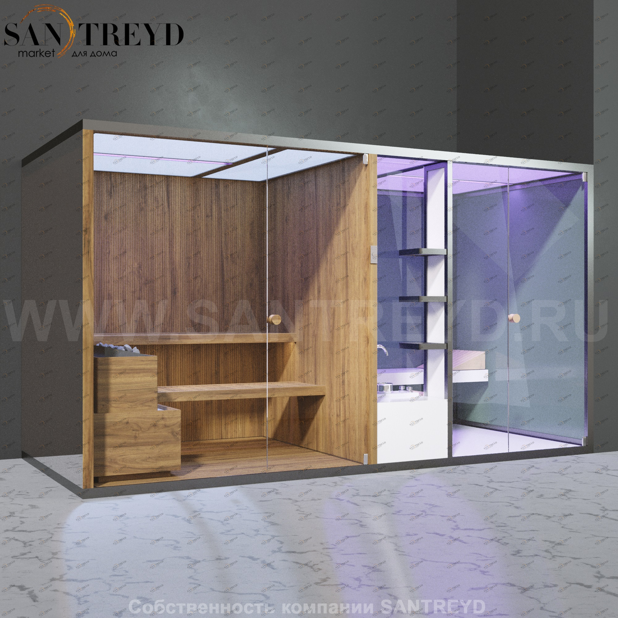 Effegibi BODYLOVE SH BL40230003 Фронтальная комбинированная баня: хаммам и сауна. Установка: в правый угол. Мощность: 15 кВт макс. Размеры: длина 393 см, ширина 176 см. Отделка: термообработанная древесина, гладкое стекло и зеркало.