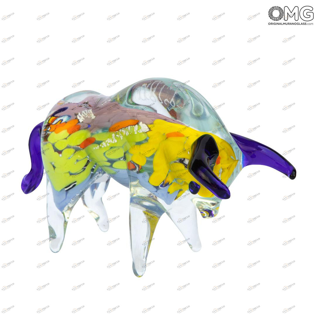 3379 ORIGINALMURANOGLASS Скульптура Разноцветный Бык - серебро - муранское стекло OMG 17 см 