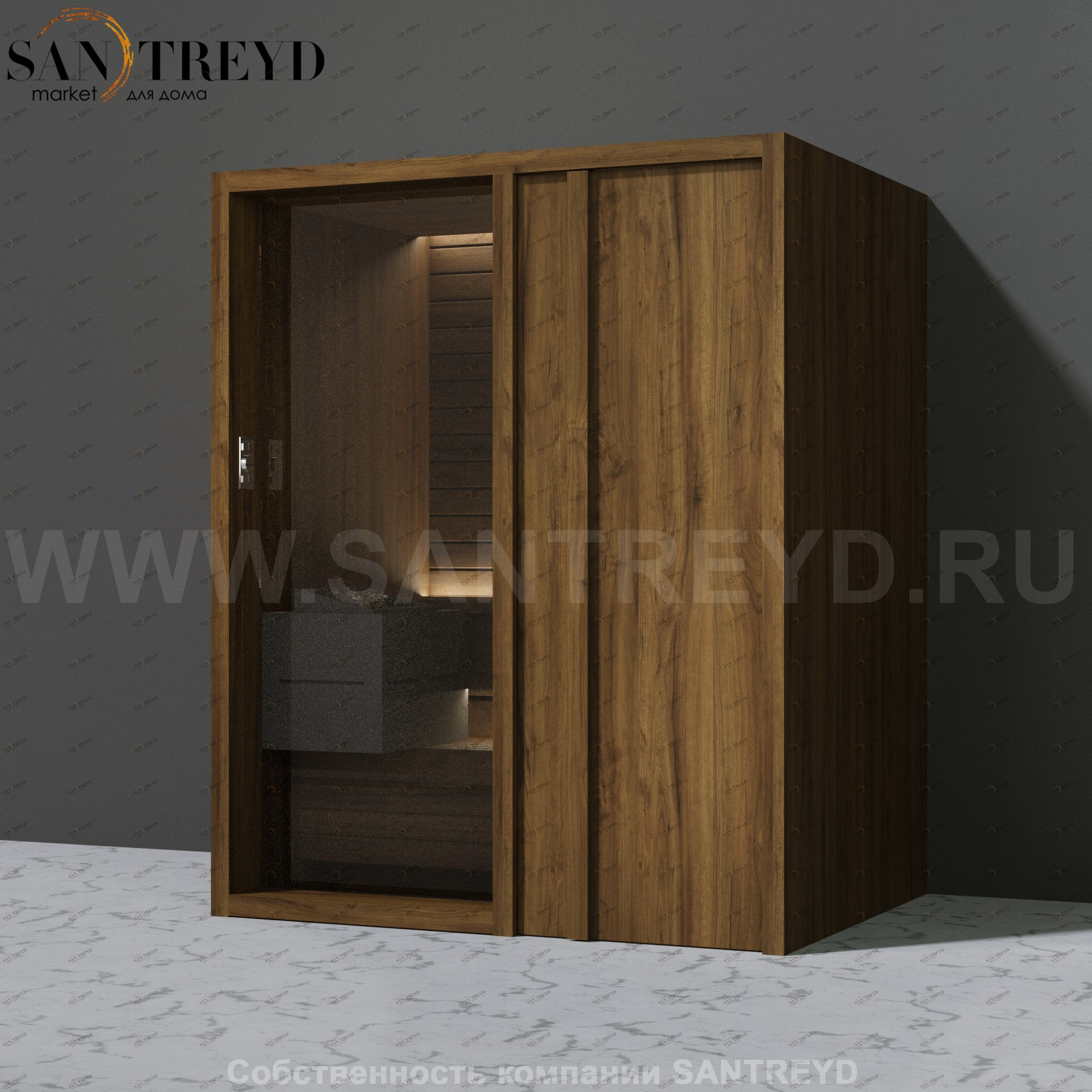 Effegibi YOKU.D45 SA.70200019 Сауна с правой дверью. Мощность: 4,5 кВт макс. Размеры: длина 174 см, ширина 132 см. Отделка: чёрный орех SA70200019
