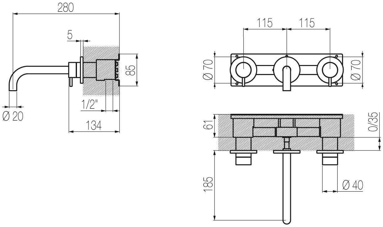 Radomonte Смеситель для умывальника настенный из нержавеющей стали на 3 отверстия Toki Tki28 - Вид №1