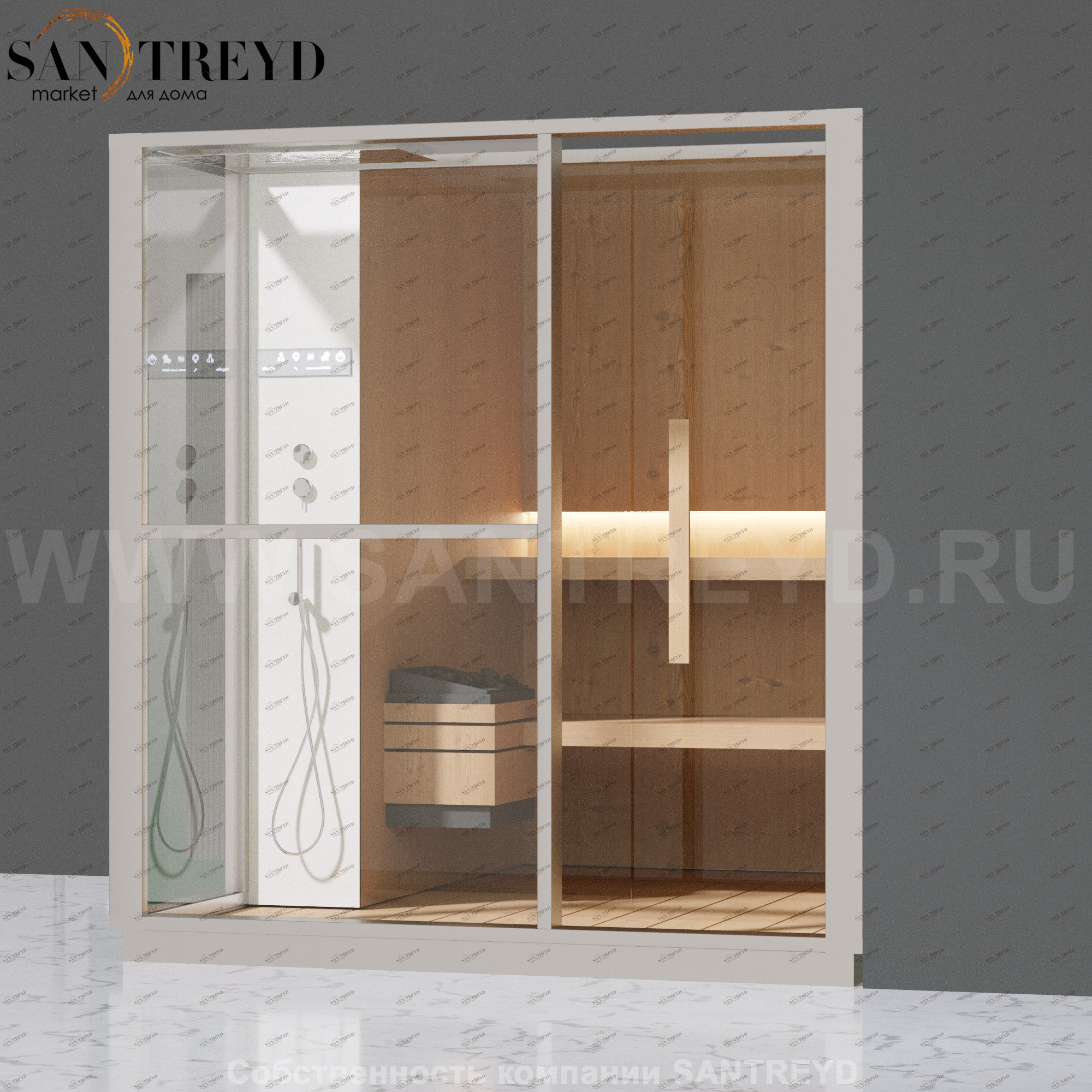 Effegibi LOGICA S LO20020008 Сауна. Установка: в правый угол. Левая дверь. Мощность: 6 кВт макс. Размеры: длина 214 см, ширина 250 см. Отделка: канадский хемлок, матовый лакированный белый аллюминий и серый ламинат из керамогранита.