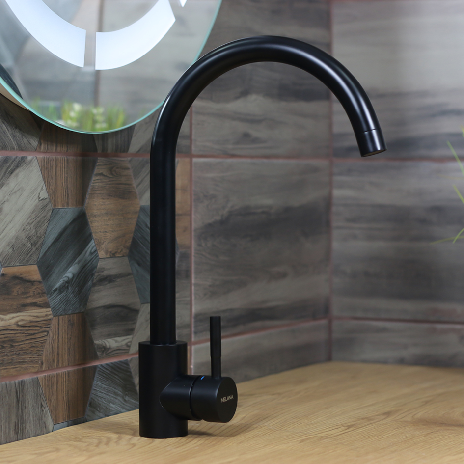 Смеситель д/кухни MELANA-610103B Tondo нерж.сталь, однорычажный, черный, литой излив 