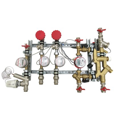 VT.NM.VPR.15.MB.0 Квартирная станция для систем отопления и водоснабжения вертиального размещения с рециркуляцией ГВС и перепускным клапаном Valtec 1,5/1,5 м куб./ч, M-BUS  - Вид №1
