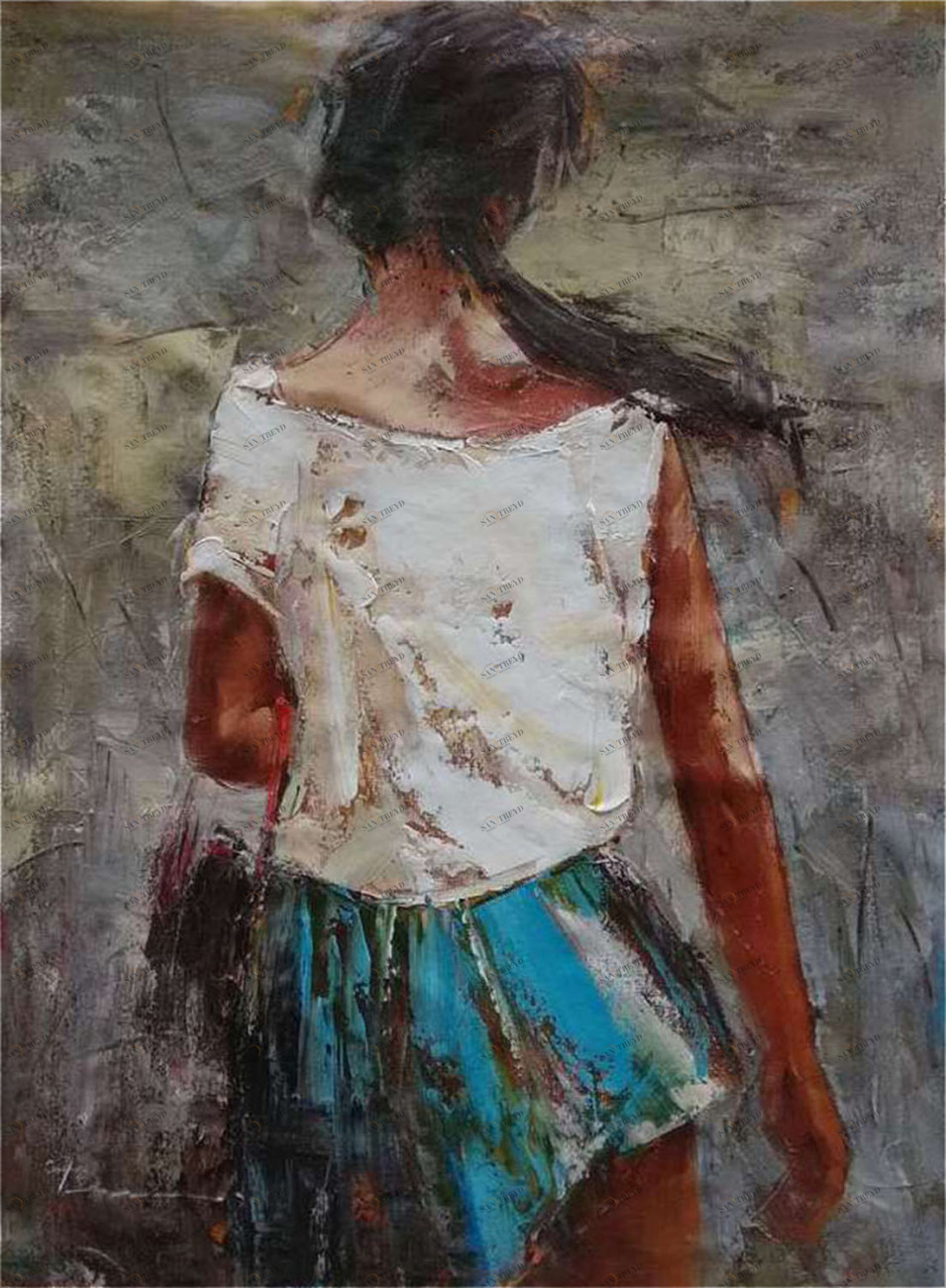 Картина на холсте 100х100 см "Брюнетка в платье" EVENHOME КАРТИНЫ МАСЛОМ 129990 Белый;голубой;синий;разноцветный 