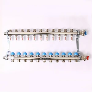 Коллекторная группа из нержавеющей стали с термостатическими вентилями и расходомерами REHAU 1"x3/4"ЕК 11 выходов