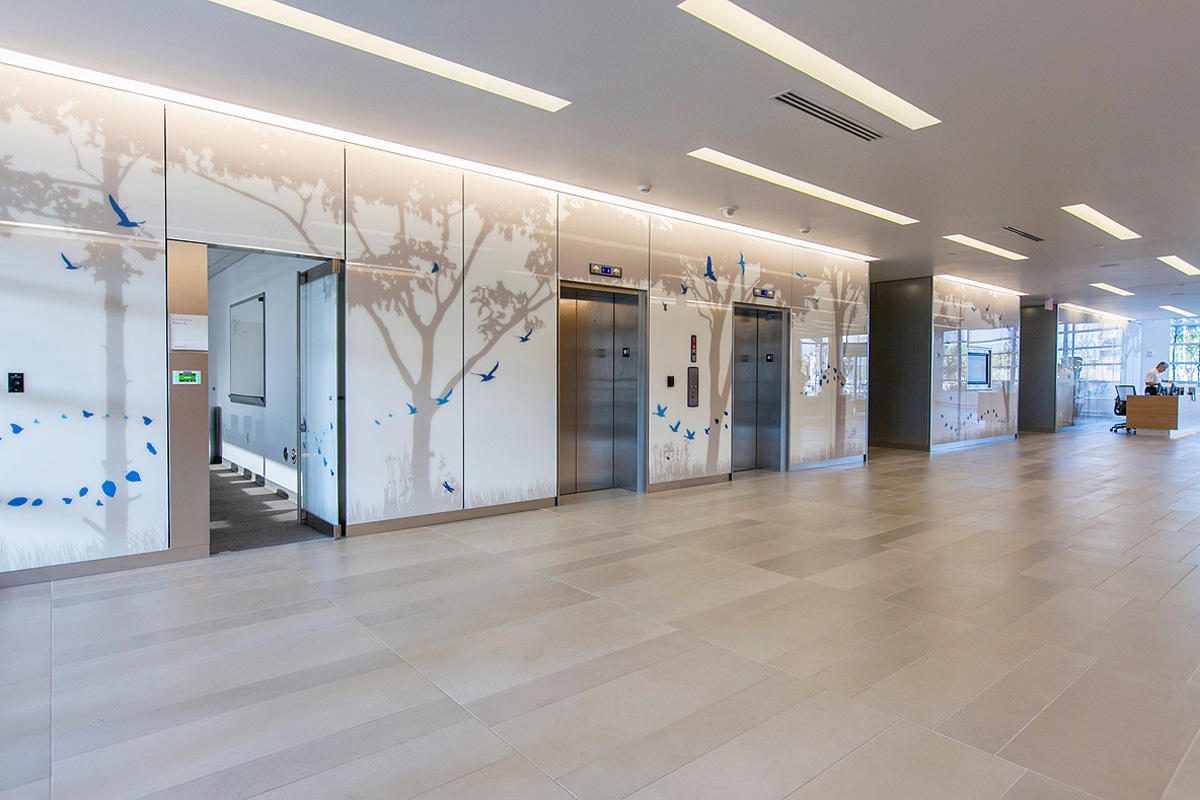 FSRT666 Система облицовки стен Levele глухими панелями; вставки из стекла vivispectra Spectrum, прослойка нестандартного изображения, стандартная отделка, стекло vivichrome chromis, белая прослойка, стандартная отделка; перегородка и дверь со стеклом vivi Forms-surfaces  - Вид №17