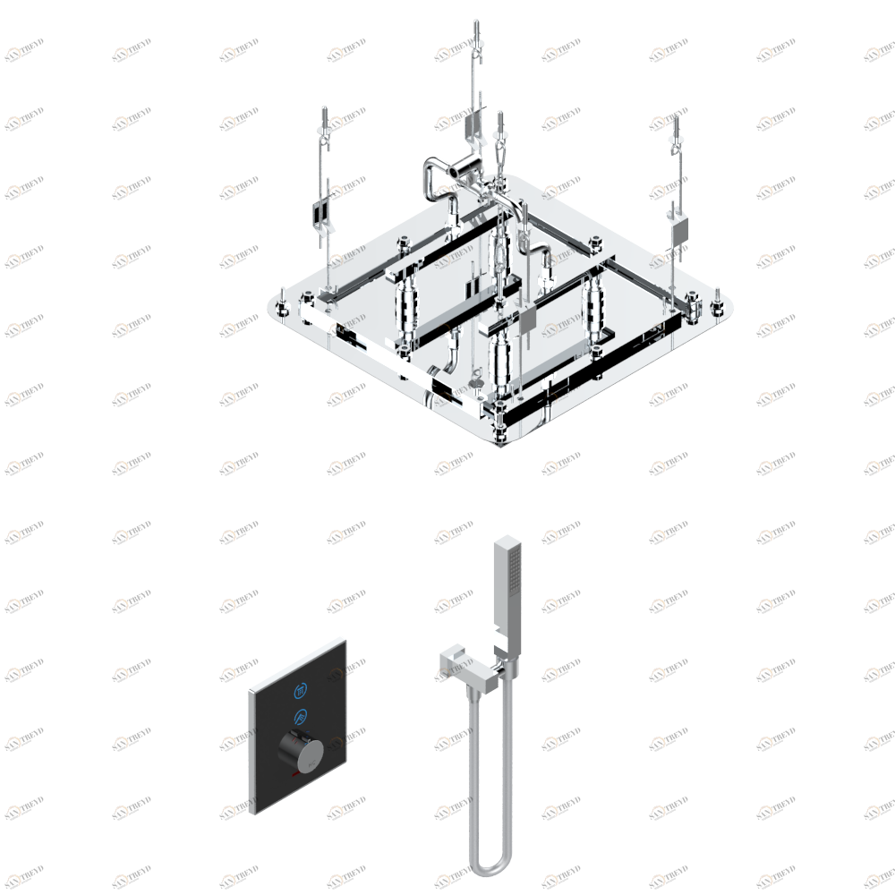 D14-6734N Комплект для душа Electrobox (включающий верхний душ с системой Easyclean 380 х 380 мм, квадратный ручной душ и смеситель с черной панелью, встраиваемый корпус и трансформатор) Thg-paris Electrobox Хром D14 6734N  A02 CAT.A