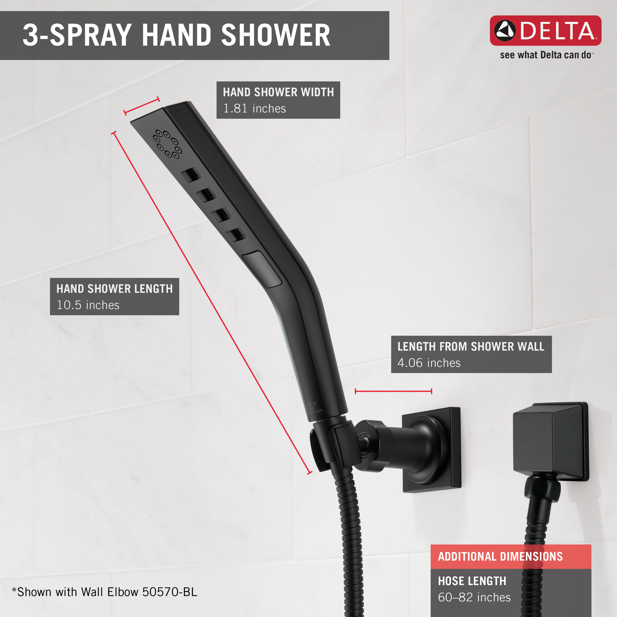 55799-BL H2Okinetic® Ручной душ с 3 настройками для настенного монтажа Delta Faucet Universal Showering Матовый черный  - Вид №3