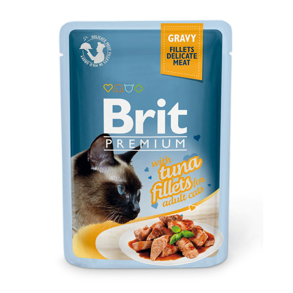 ПР0047466 Корм для кошек Premium Cat Gravy Кусочки из филе тунца в соусе пауч 85г Brit 