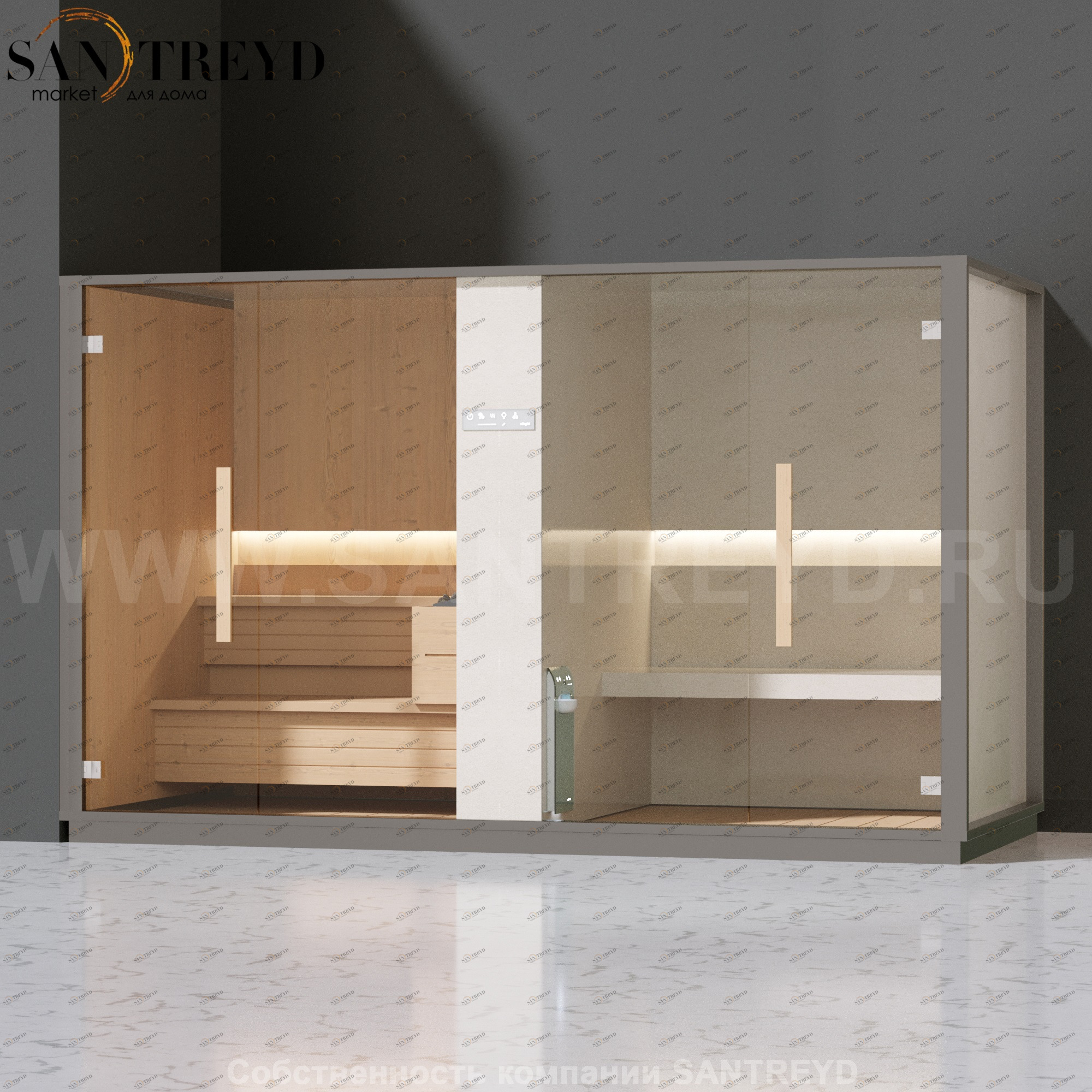 Effegibi LOGICA SH LO40010003 Комбинированная баня: хаммам и сауна. Установка: в левый угол. Мощность: 10,5 кВт макс. Размеры: длина 373 см, ширина 171 см. Отделка: канадский хемлок, матовый лакированный серый аллюминий и бежевый ламинат из керамогранита.