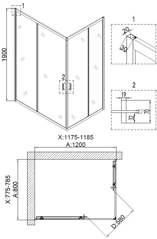 Душевое ограждение NG- 6610-08 (120*80*190) прямоугольник, двери раздвижные, 1 место Niagara Nova 66100811 - Вид №2
