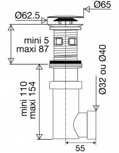 122400 000 00  Универсальный слив и сифон для умывальника Siphonette, клапан Click clack Д. 65 мм, нержавеющая сталь Valentin Хром  - Вид №6
