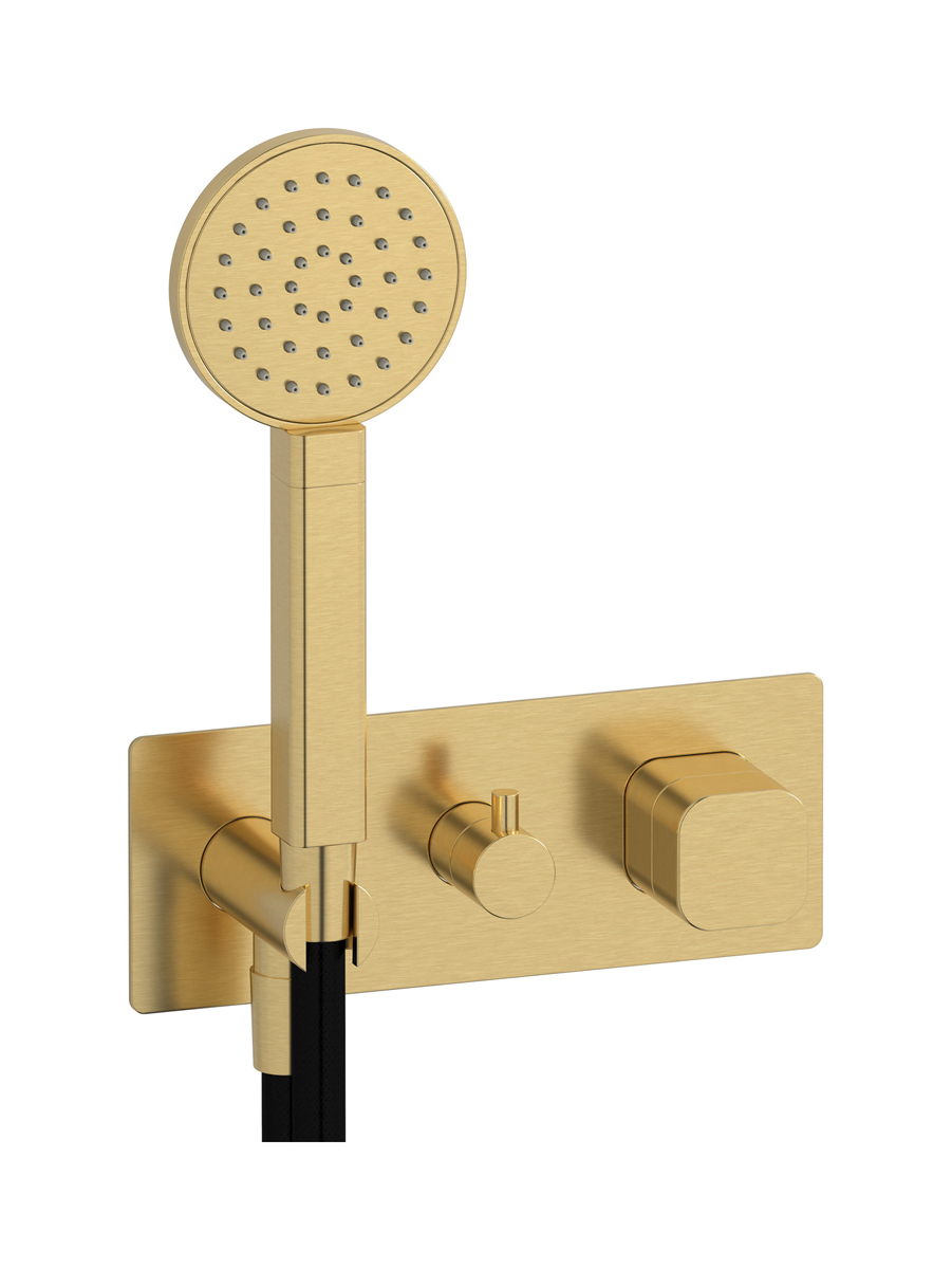 Прогрессивный настенный смеситель для душа на 2 потребителя со встроенным душевым гарнитуром. WE ARE IB eo313os_1 Brushed Gold Elio