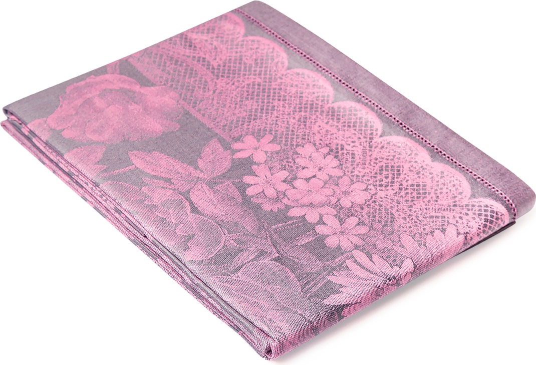 10601034 Яковлевский жаккард Скатерть прямоугольная Яковлевский Жаккард Пионы и Кружево 150х220см серая с розовой каймой, полулен Ткань 
