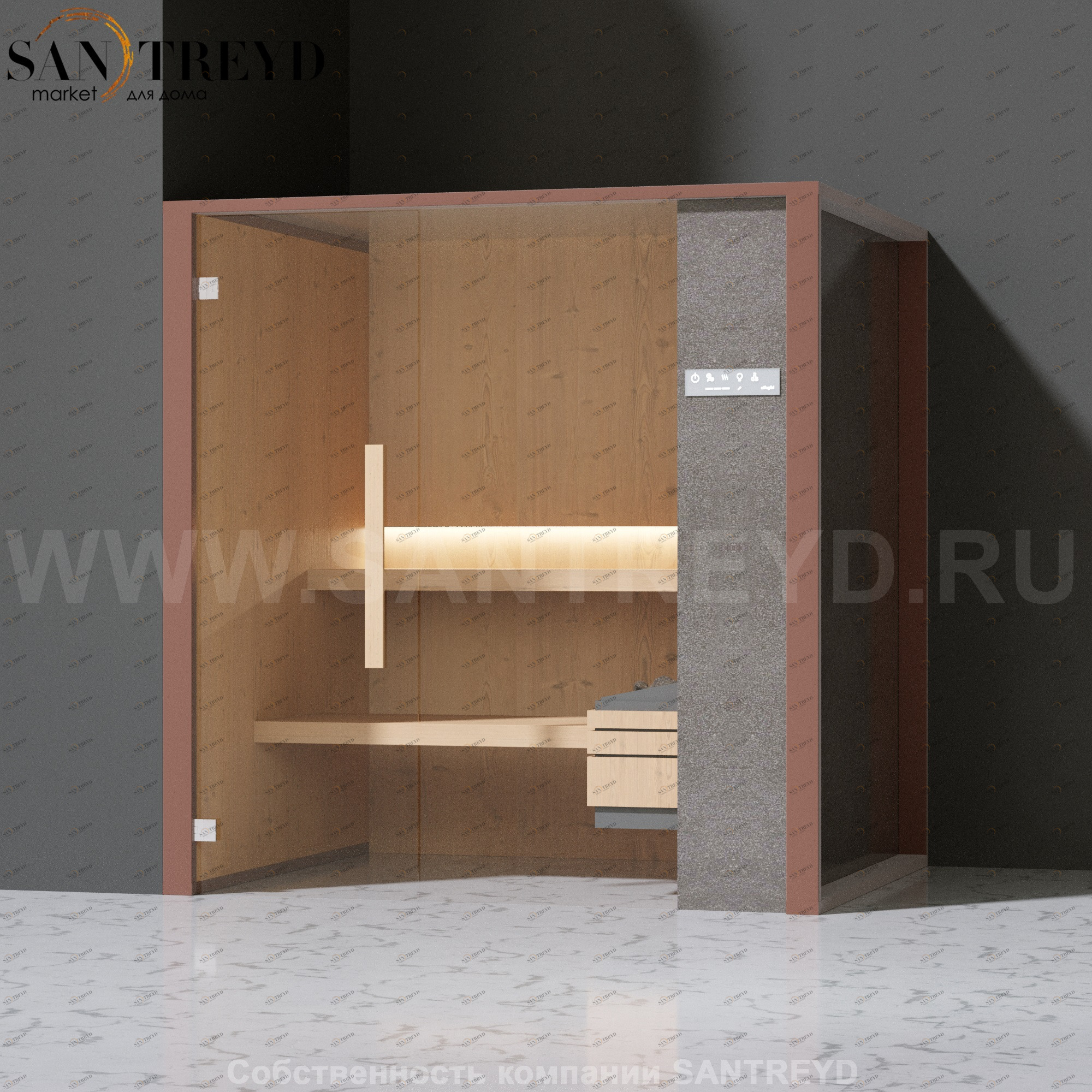 Effegibi ONEFILO S LO51030005 Сауна. Установка: в левый угол. Правая дверь. Мощность: 4,5 кВт макс. Размеры: длина 214 см, ширина 171 см. Отделка: матовый лакированный коричневый аллюминий и темный ламинат из керамогранита.