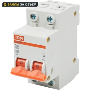 Автоматический выключатель TDM Electric ВА47-63 2P C16 А 4.5 кА SQ0218-0011 84399472 STLM-2176129