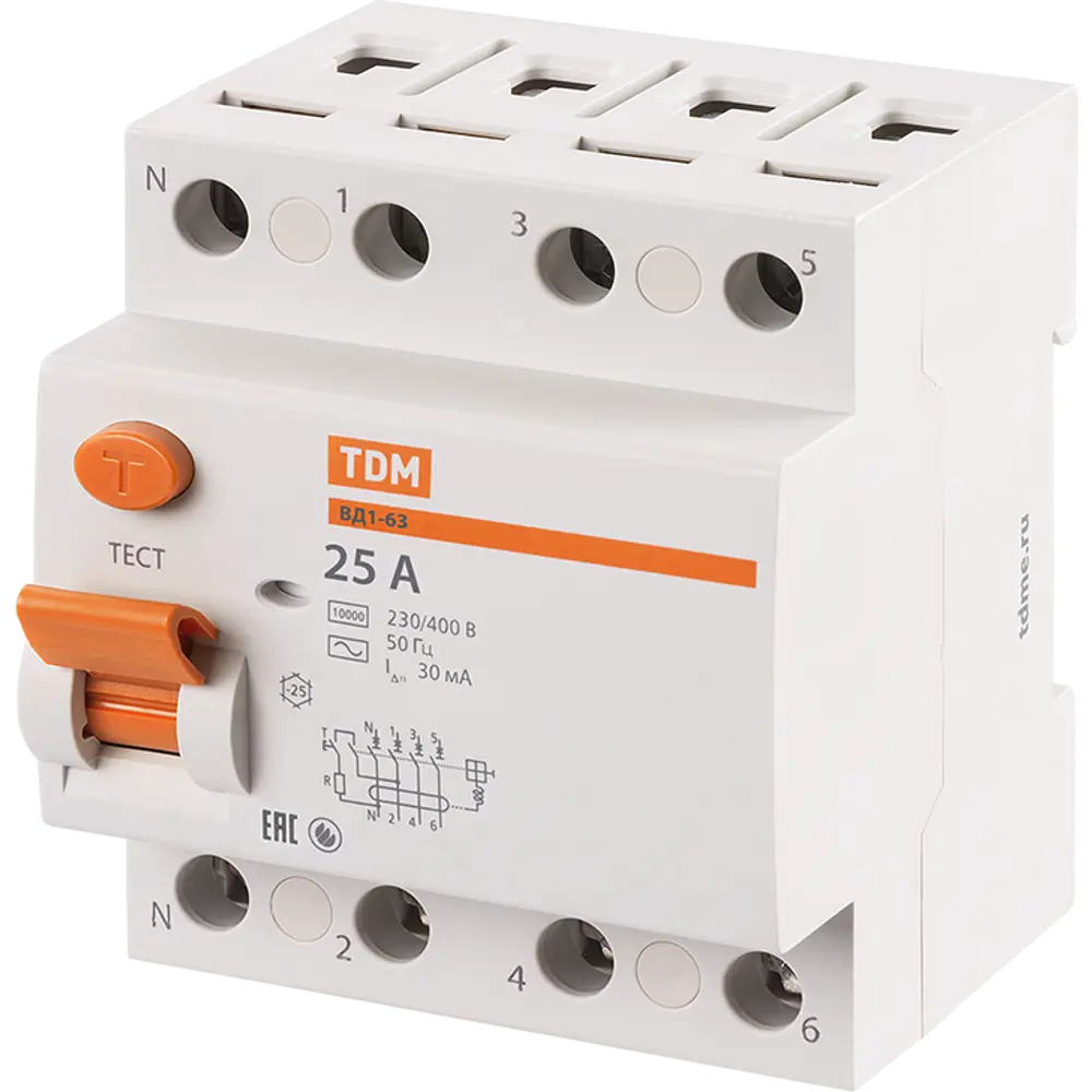 УЗО TDM Electric ВД1-63 4P 25A с защитой от утечек 30 мА 84399438