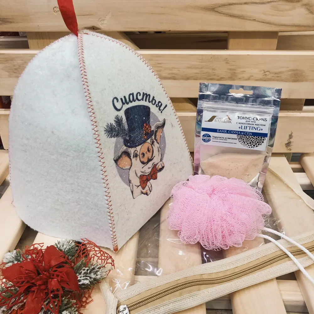 Набор для бани «Счастья!»21х30х21 см, цвет белый/розовый ГЛАВБАНЯ STLM-2079644 - Вид №3