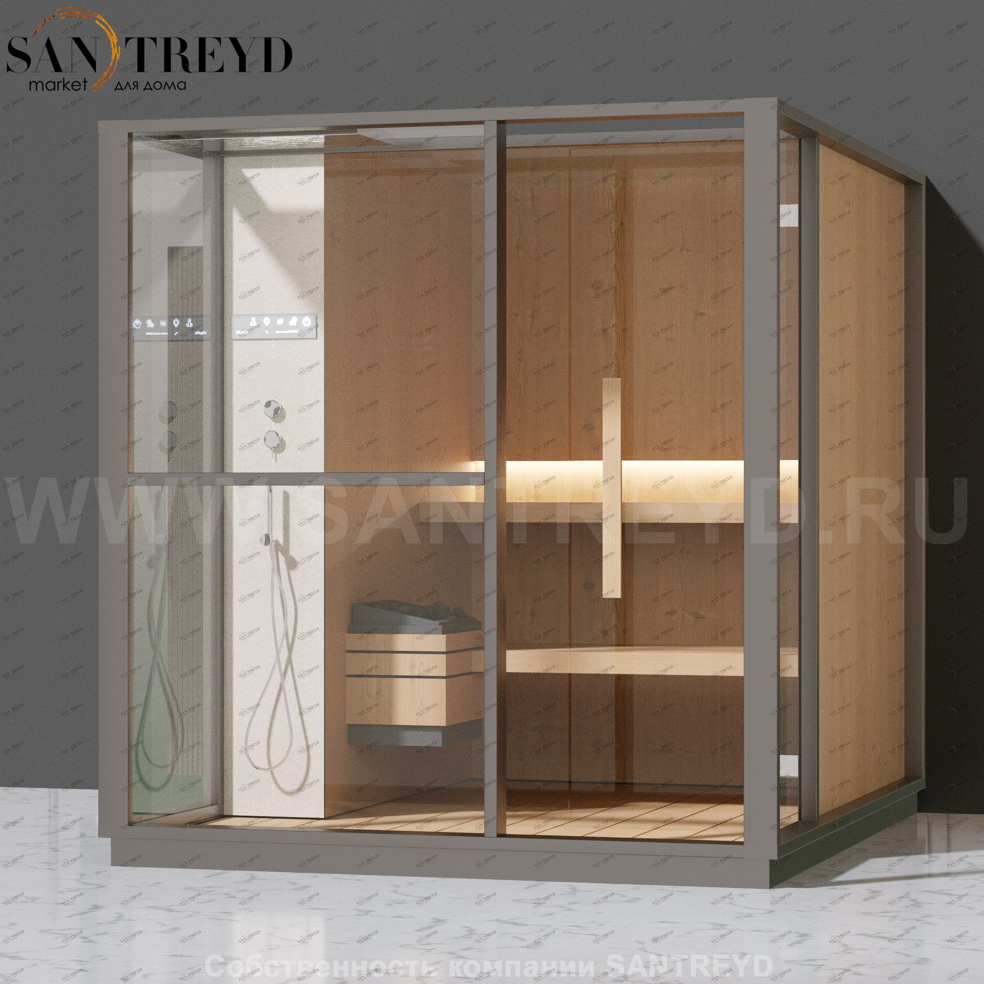 Effegibi LOGICA S LO20010002 Сауна. Установка: к стене. Левая дверь. Мощность: 6 кВт макс. Размеры: длина 214 см, ширина 250 см. Отделка: канадский хемлок, матовый лакированный серый аллюминий и бежевый ламинат из керамогранита.