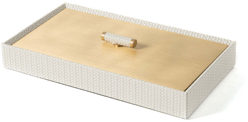 Коробка Iside - 27X15XH4,5 см / металл-финиш_сатин-латунь / ари-кожа_светло-серый