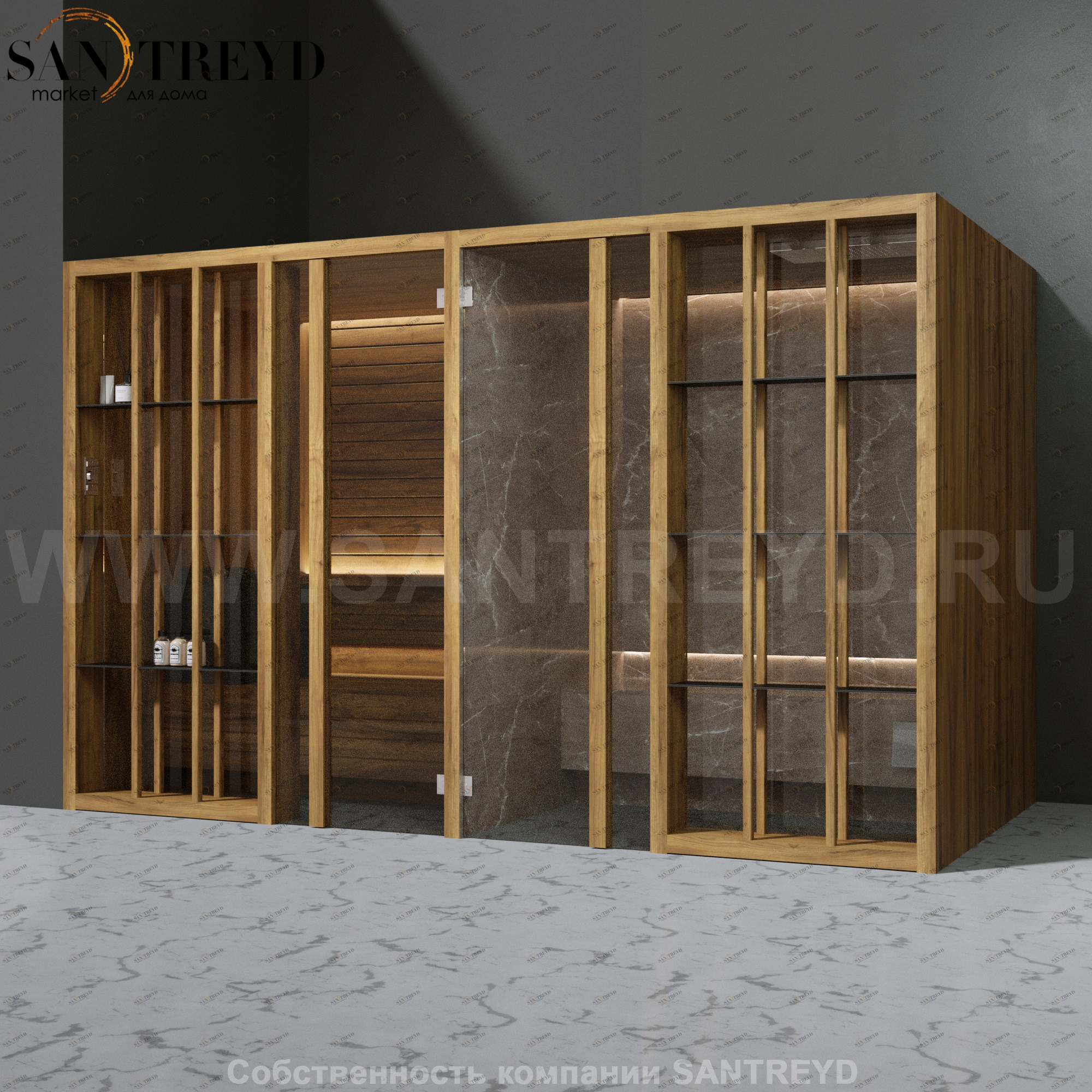 Effegibi YOKU.S SH YO.10220003 Комбинированная баня: хаммам и сауна. Установка: в левый угол. Мощность: 10,5 кВт макс. Размеры: длина 342 см, ширина 170 см. Отделка: термообработанное дерево и темный керамогранит YO10220003