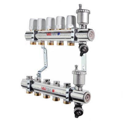 VTc.594.EMNX.0705 Коллекторный блок латунный c термостатическими и балансировочными клапанами Valtec 1 1/4", 5 x 3/4", "евроконус" 