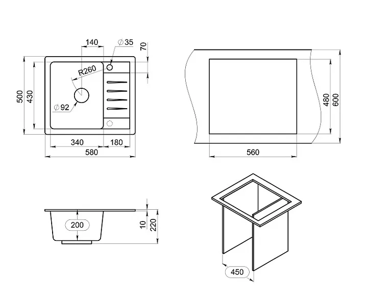 5803, БАЗАЛЬТ, кухонная мойка, СтандАРТ кварц GRANULA Standart 5803-ST43 - Вид №2