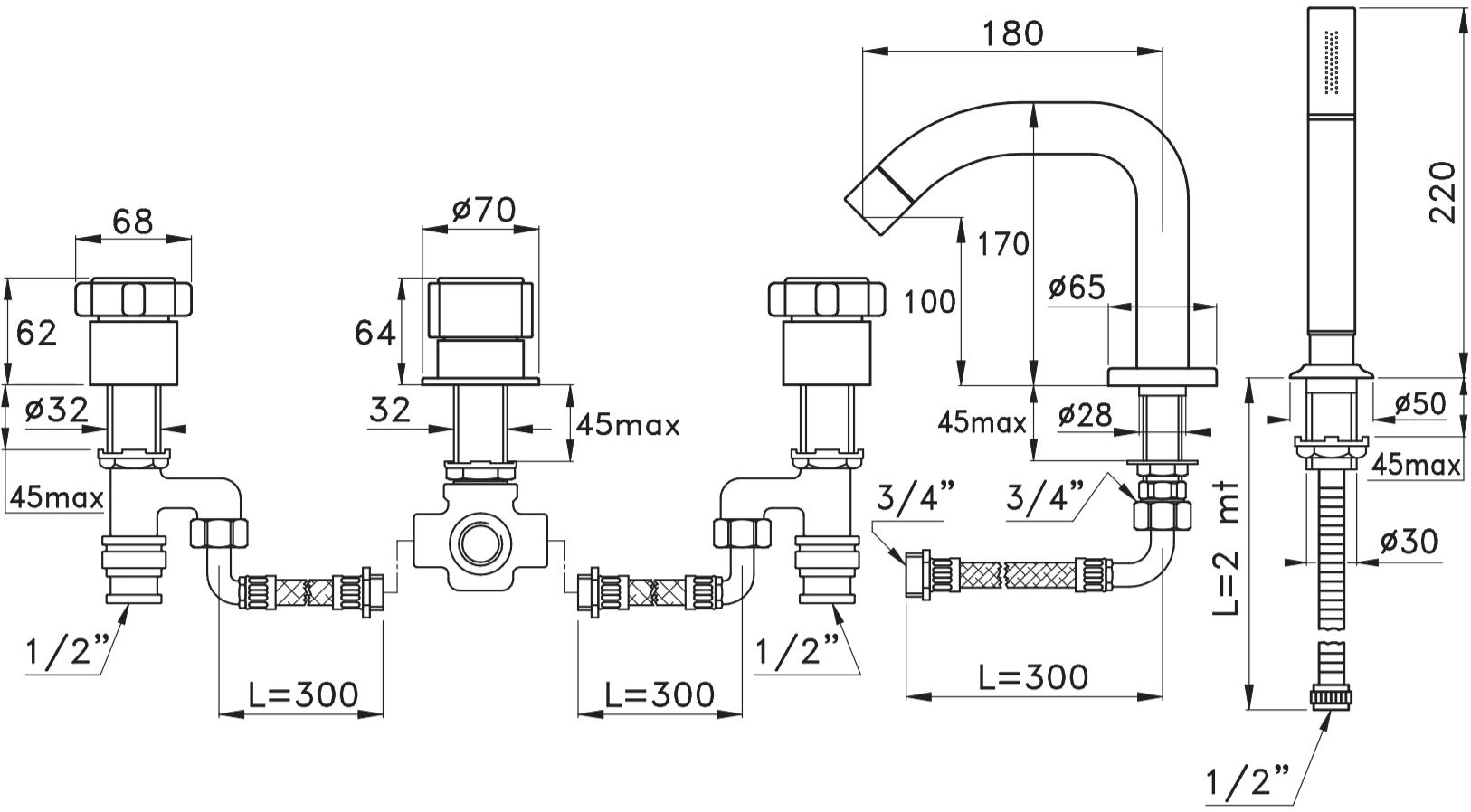 RUBINETTERIE STELLA Смеситель для ванны с ручным душем на 5 отверстий Aster At02304cr00 - Вид №1