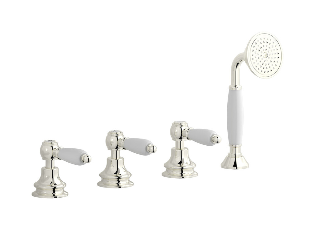 Смеситель на бортик ванной на 4 отверстия с изливом, дивертером и душевым гарнитуром. WE ARE IB hl397pl_2 Platinum Hermes