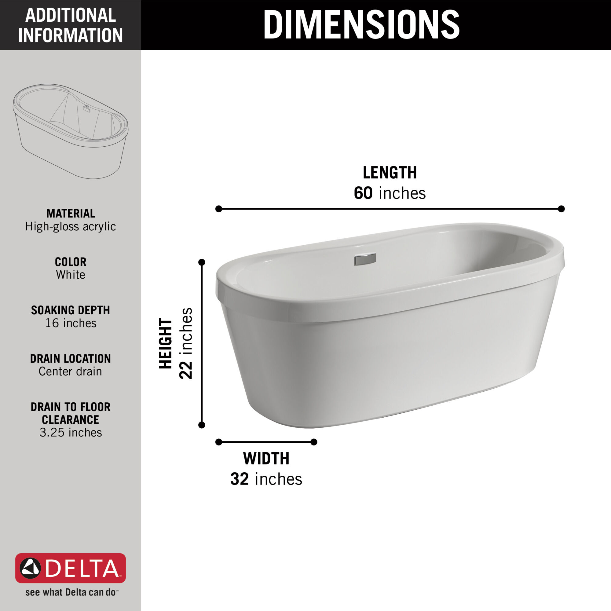Отдельно стоящая ванна 60 "x 32" со встроенным сливом и переливом Delta Faucet Synergy B14416-6032-WH - Вид №12