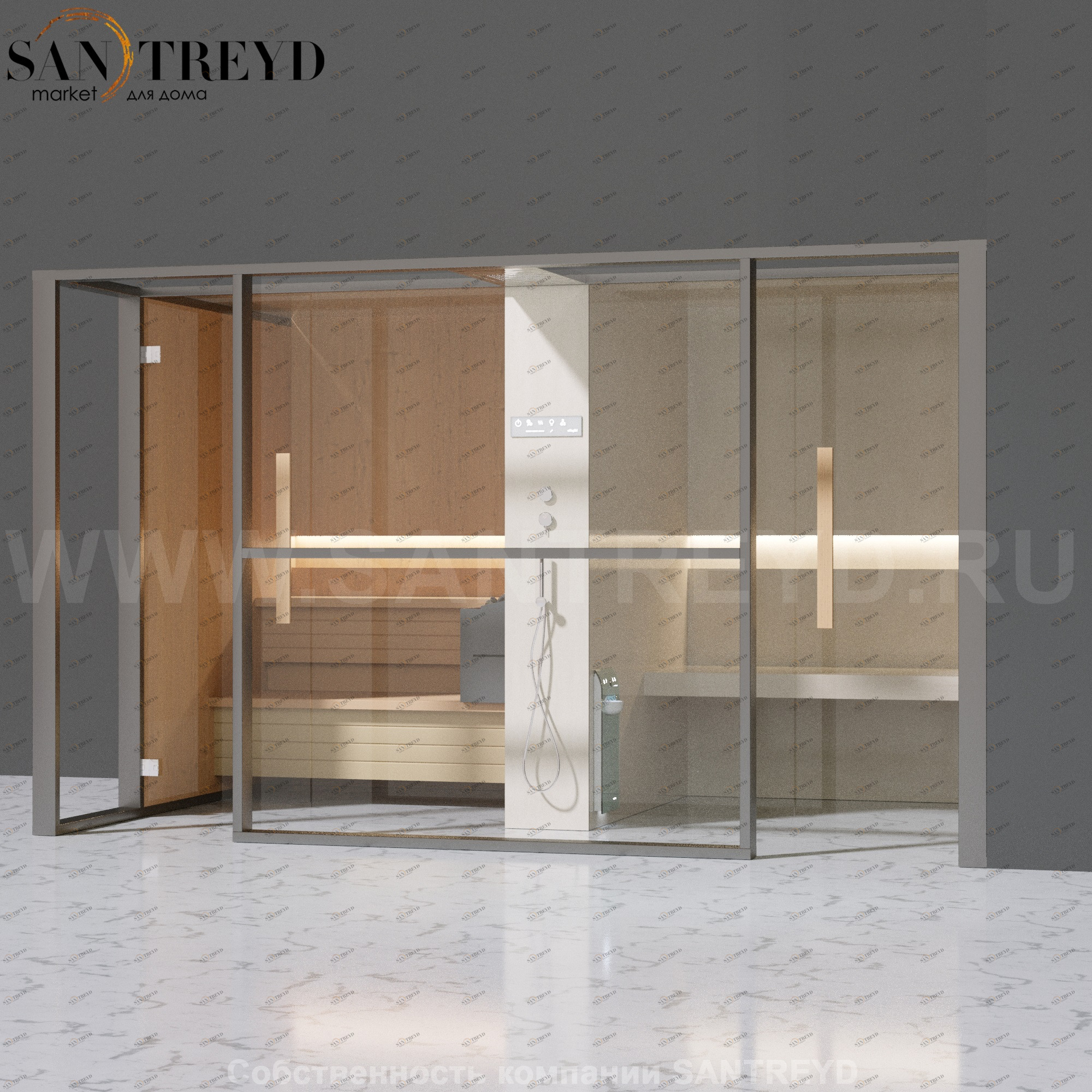 Effegibi LOGICAFILO LO11010007 Комбинированная баня: хаммам и сауна. Установка: в правый угол. Мощность: 10,5 кВт макс. Размеры: длина 373 см, ширина 250 см. Отделка: канадский хемлок, матовый лакированный серый аллюминий и бежевый ламинат из керамогранит