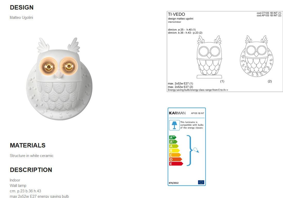 Karman AP105 1B INT светильник Ti Vedo настенный сова белая 108320 - Вид №2