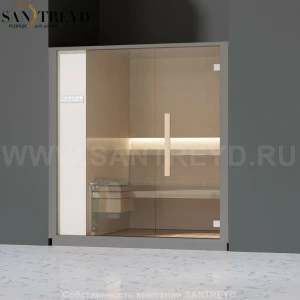 Effegibi ONE H LO60010010 Хаммам. Установка: в нишу. Левая дверь. Мощность: 4,5 кВт макс. Размеры: длина 214 см, ширина 171 см. Отделка: матовый лакированный серый аллюминий и бежевый ламинат из керамогранита.