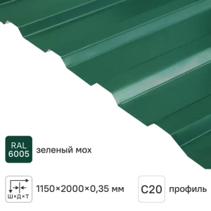 Профнастил С20 0.35 мм 1160x2000 мм зелёный RAL 6005 12543782 STLM-2203729