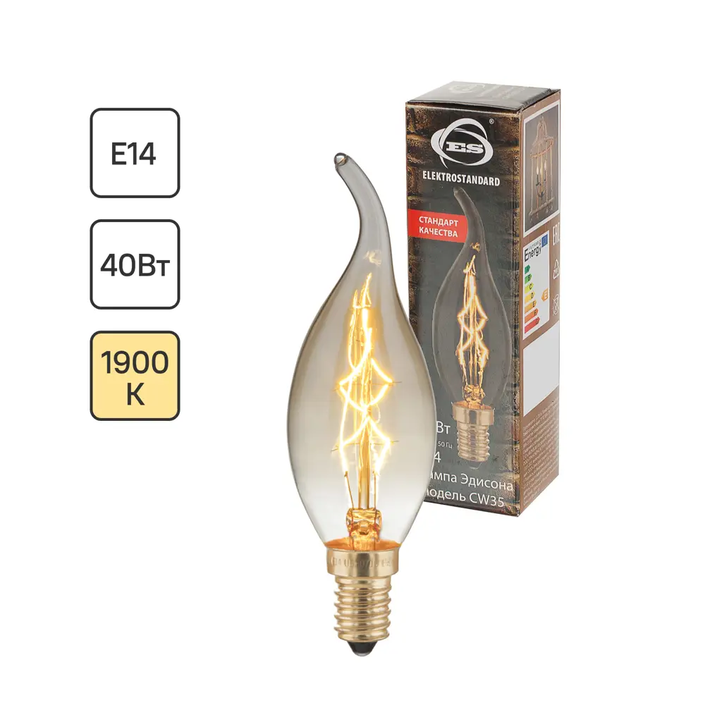 Лампа филаментная Elektrostandard «Эдисон E-C35T» E14 230 В 40 Вт свеча декоративная прозрачная 220 лм, тёплый белый свет 18572998 STLM-2190304 