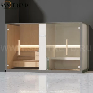 Effegibi LOGICA SH LO40010003 Комбинированная баня: хаммам и сауна. Установка: в левый угол. Мощность: 10,5 кВт макс. Размеры: длина 373 см, ширина 171 см. Отделка: канадский хемлок, матовый лакированный серый аллюминий и бежевый ламинат из керамогранита.