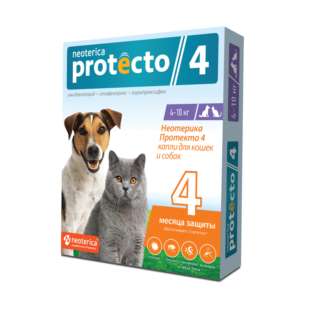 ПР0057358 Капли для собак и кошек от блох и клещей 4-10кг 2 пипетки Protecto 