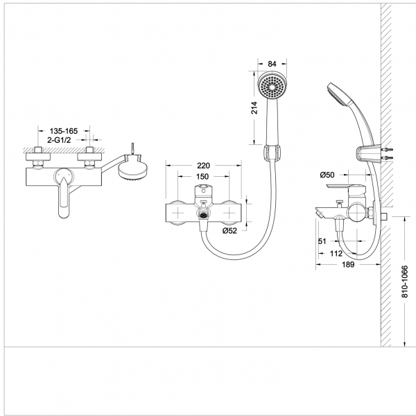 Смеситель для ванны с коротким изливом и аксессуарами VARUNA F6134187CP-B bravat  - Вид №2