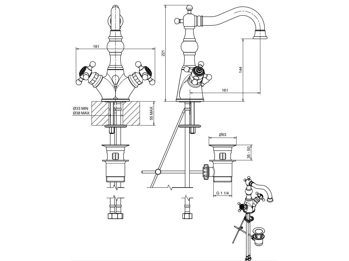 Хромированный латунный смеситель для раковины с одним отверстием Bugnatese ARCADIA ARCH-00054008 - Вид №2