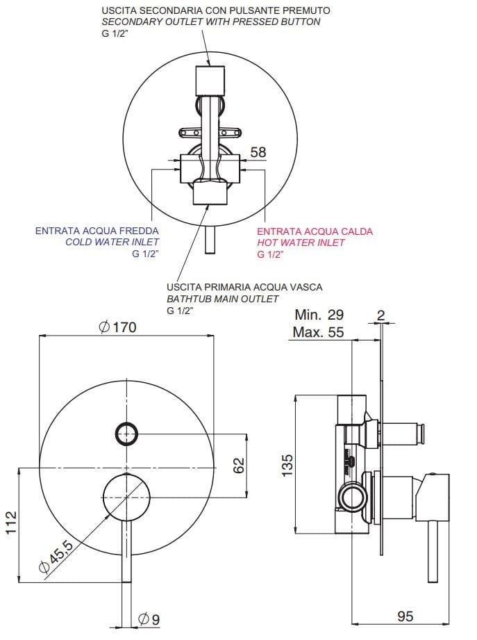 Латунный встраиваемый однорычажный смеситель для душа с переключателем Rubinetterie Mariani Ultraminimal ARCH-00015412 - Вид №1