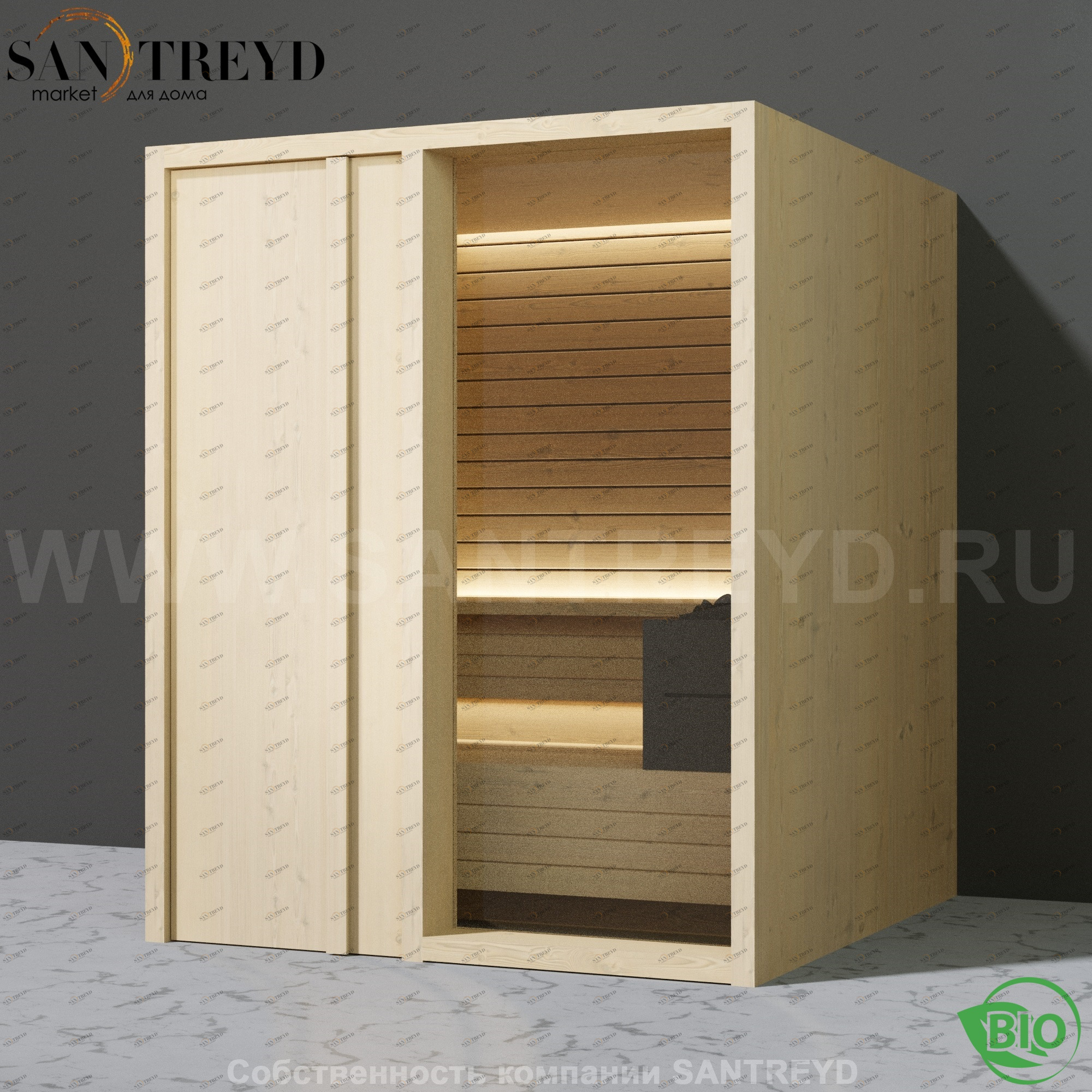 Effegibi YOKU.D60 BI.70200016 Био-сауна с левой дверью. Мощность: 6 кВт макс. Размеры: длина 174 см, ширина 170 см. Отделка: осина термообработанная BI70200016