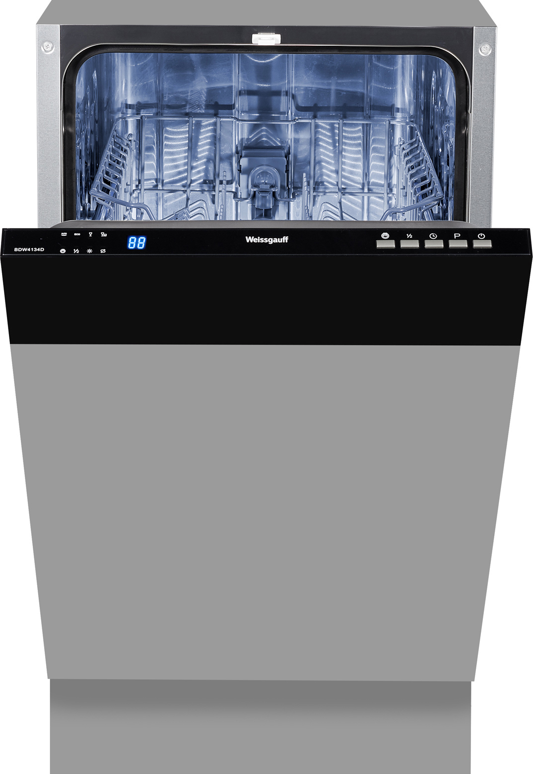 BDW 4134 D Узкая, 81.5x44.8x55 см, 9 комплектов, 4 программы:быстрая, экономичная, стекло, авто, электронное управление, led индикация и дисплей, 1/2 загрузка, внутренняя подсветка, индикация наличия соли и ополаскивателя, aquastop Weissgauff Santreyd 
