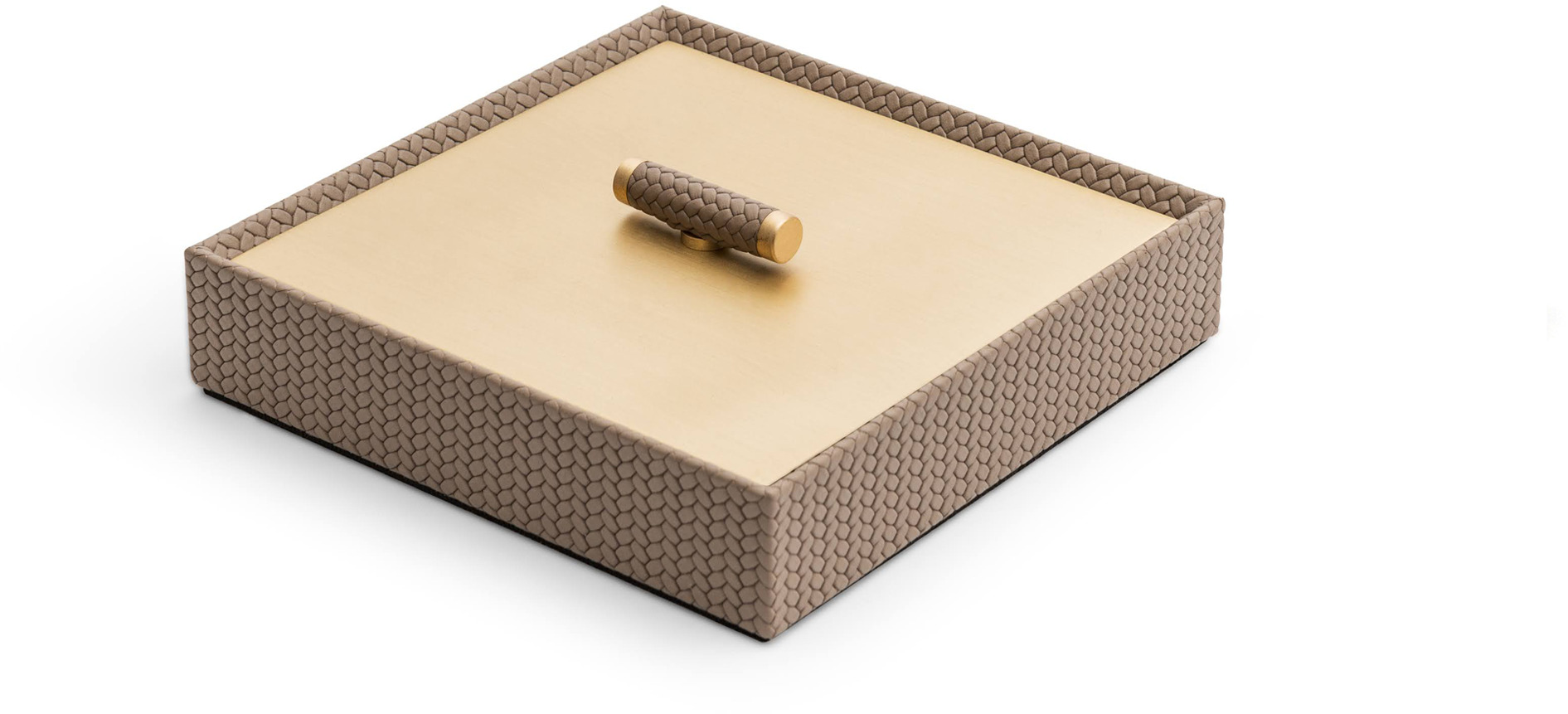 Коробка Iside - 17,6X17,6XH4,5 см / металлическая отделка_сатинированная латунь / плетеная кожа_верблюжья