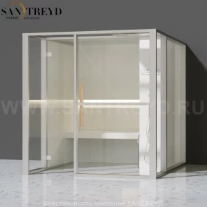 Effegibi LOGICAFILO H LO31020001 Хаммам. Установка: к стене. Правая дверь. Мощность: 4,5 кВт макс. Размеры: длина 214 см, ширина 250 см. Отделка: матовый лакированный белый аллюминий и серый ламинат из керамогранита.