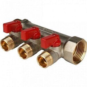Коллектор с шаровыми кранами 1" STOUT 3 выхода 1/2", красные ручки