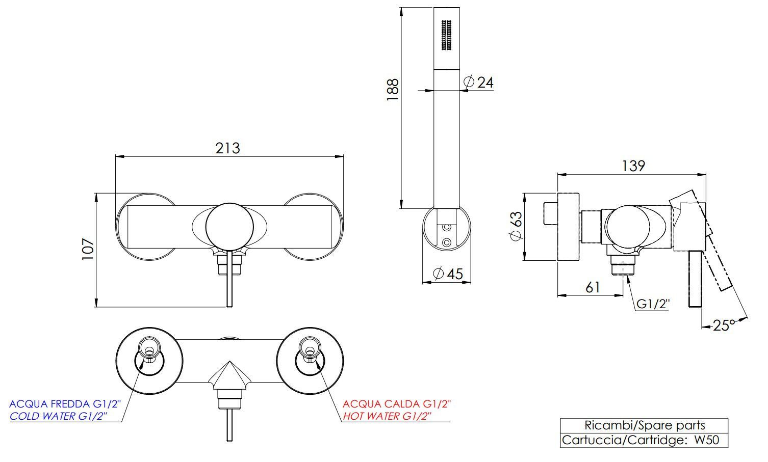 Открытый однорычажный смеситель для душа с ручным душем Remer Rubinetterie Метрика ARCH-00020915 - Вид №1