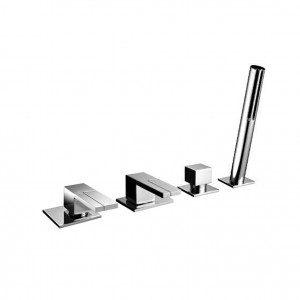 5367S  Набортный смеситель для ванныбез ручек без излива на 4 отверстия переключатель на 2 потока с кнопкой ручная лейка SUN гибкий шланг 150 см картридж керамический 90° впуски 3/4'' подводка (a) ручки 5348/5349 заказываются отдельно см раздел ''Ручки''