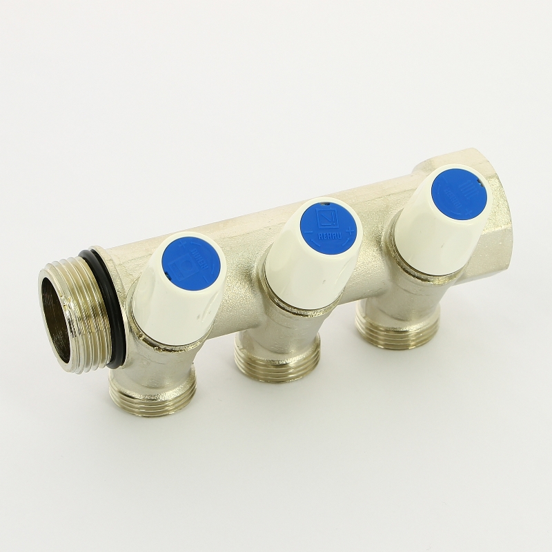 Коллектор НВ с вентилями никелированный Rautitan MX Rehau 1" x 3 вых 3/4"EK межосевое 40 мм 131645