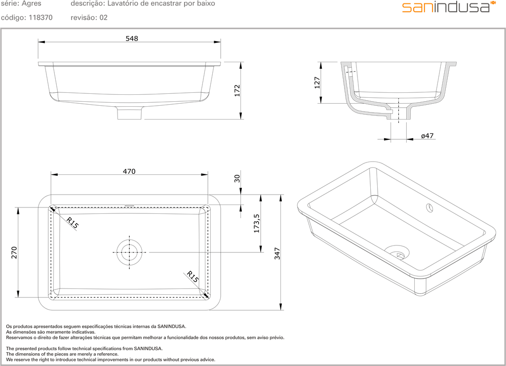 118370004 Накладная раковина под столешницу  прямоугольная Sanindusa Agres - Вид №1